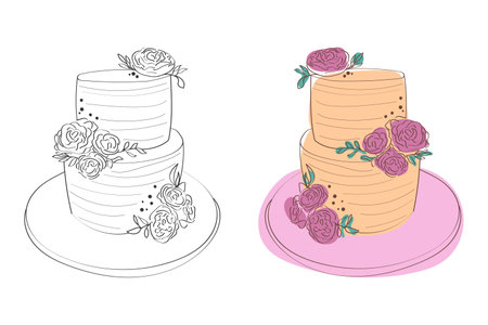 A detailed drawing of a wedding cake with intricate layers and delicate roses on top. The cake is beautifully decorated in a traditional wedding styleのイラスト素材