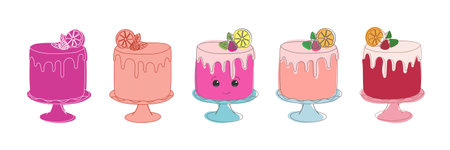 A display of various colored desserts arranged neatly in a row showcases a tempting array of sweet treats such as cakes, pastries, and tartsのイラスト素材
