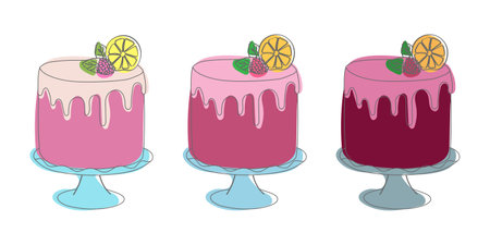 Three cakes of different varieties are displayed with fresh lemon slices on top. Each cake showcases a unique design and flavor, accented by vibrant yellow citrus fruitsのイラスト素材
