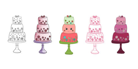 A display of different colored cakes stacked on top of each other in a neat row. Each cake showcases...