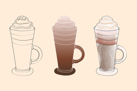 A set of three illustrated coffee drinks with whipped cream on top. The drinks are in different stages of completion, one a simple outline, one with color, and one with watercolor-like shadingのイラスト素材