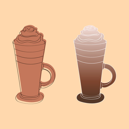 This illustration depicts two tall glasses of iced coffee with whipped cream on top. The glasses are drawn in an outline style with a gradient effect on the liquid.のイラスト素材