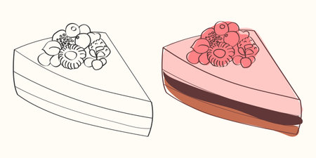 A line drawing and colored version of a slice of cake with berries on top.