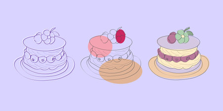 A simple line drawing illustration featuring three cakes with different fruit toppings. Each cake is on a plate and has a distinctive design.のイラスト素材