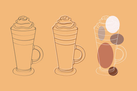 This image is a line art illustration of three iced coffees with whipped cream on top. The coffee cups are drawn in a simple, minimalist style and are set against a light brown background.のイラスト素材