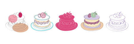 A digital illustration of five colorful berry cakes with various toppings, each on a plate.のイラスト素材
