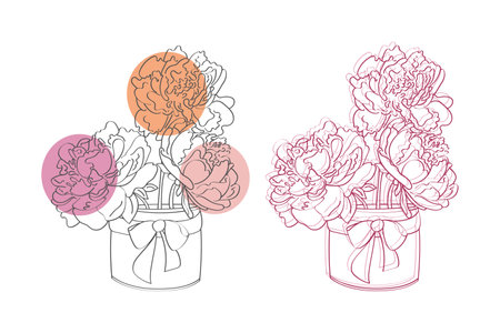 A line art illustration of two bouquets of peonies in vases with bows. One bouquet is in black and white with pink and orange circles behind it. The other bouquet is in pinkのイラスト素材