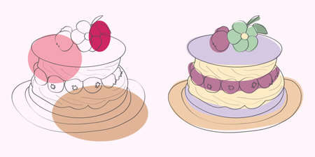 Line art illustration of two cakes topped with berries and flowers.のイラスト素材