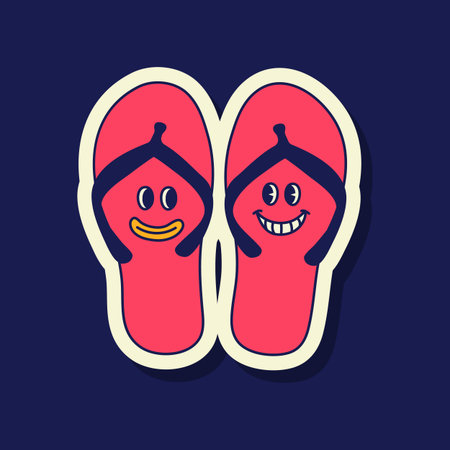 Two pink cartoon flip flops are featured, one with a smile and one with a happy expression. It is a vector illustration ideal for travel stickers and Y2K designs.のイラスト素材