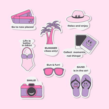 Collection of nine adorable travel stickers. Features travel essentials such as tickets, suitcase, hat, camera, swimsuit, flip flops, and sunglasses. All in y2k cartoon style.のイラスト素材
