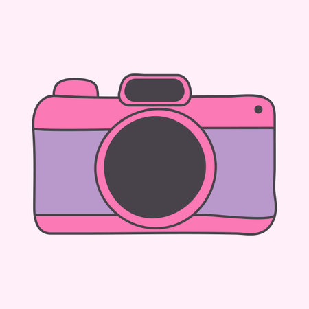 A bright and colorful, cartoon-style icon of a camera. The camera is pink and purple, a playful design representing travel, photography, and perhaps environmental documentation.のイラスト素材