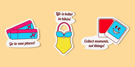 A colourful collection of three Y2K style travel stickers featuring plane tickets, a swimsuit, and a smiling instant photograph, evoking Summer vacation vibes.のイラスト素材