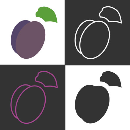 This collection features line icons of plums in different designs, showcasing the fruit shape and color. The illustrations highlight the plum in a minimalist style on contrasting backgrounds.のイラスト素材