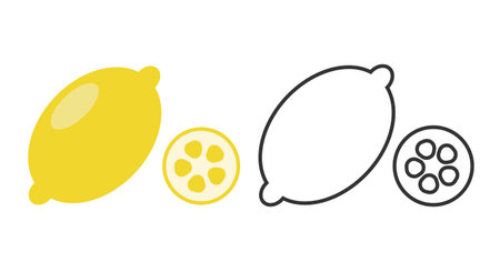 A collection of line icons showcasing a whole lemon and sliced lemon pieces. The design highlights the distinctive shape and texture of this popular citrus fruit.のイラスト素材