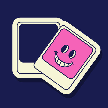 Two retro-style stickers are shown. One has a pink happy face, and the other is a blank photo frame. The aesthetic evokes a Y2K travel sticker.のイラスト素材