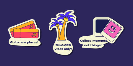 Three colourful travel-themed stickers feature airline tickets, palm trees, and a photo frame, all with positive messages about travel and memories.のイラスト素材