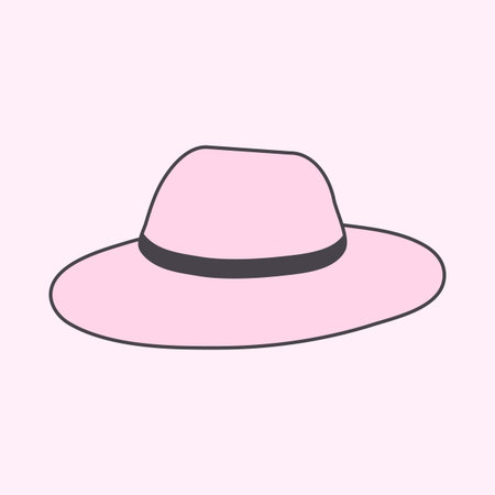 A light pink, brimmed hat is shown on a light pink background. The hat has a black band detail and is outlined in black. Simple cartoon style.のイラスト素材