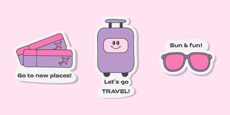 These are cute, colourful travel stickers in a Y2K vector style. They include aeroplane tickets, a suitcase, and sunglasses. The stickers evoke a happy, exciting feeling about vacation.のイラスト素材