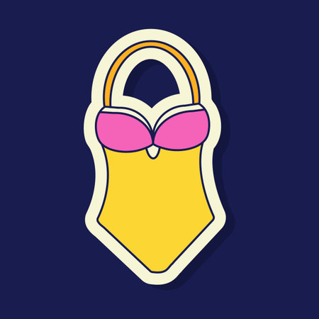 A colorful cartoon sticker featuring a yellow swimsuit with pink accents. The design has a white outline, resembling travel stickers for a summery vibe.のイラスト素材