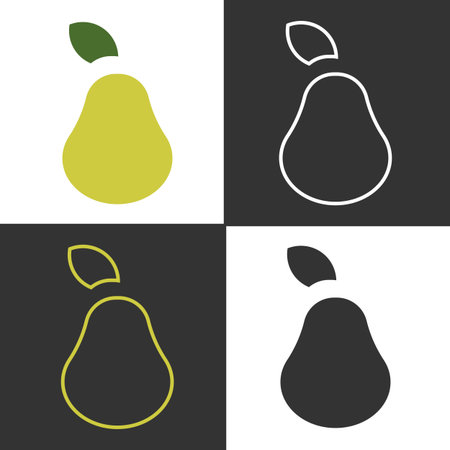Visual collection showcasing different line icons of pear fruit, featuring various colors and designs. The icons highlight the pear shape against plain backgrounds, emphasizing their simplicity.のイラスト素材