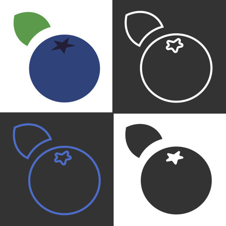 This collection highlights unique line icons of blueberries in four different styles and colors. The visual contrasts showcase the fruit shape and characteristic features clearly.のイラスト素材