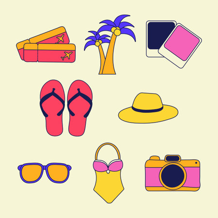 Collection of colourful y2k-style icons displays items for a summer vacation checklist. Includes camera, swimsuit, flip-flops, palm trees, and travel tickets.のイラスト素材
