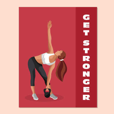 A faceless woman engages in strength training, lifting a kettlebell with determination in a vibrant, motivating setting.のイラスト素材