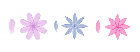Three sets of watercolor floral elements are displayed on a white background. Each set features a vibrant flower and a single petal in shades of purple, blue, and pink. Simple artistic design.のイラスト素材