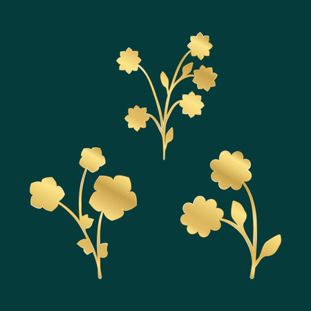A set of three shimmering golden floral elements presents a decorative trio. Each unique design shows graceful stems with leaves and stylized flowers, beautifully contrasted on a deep green backdrop.のイラスト素材