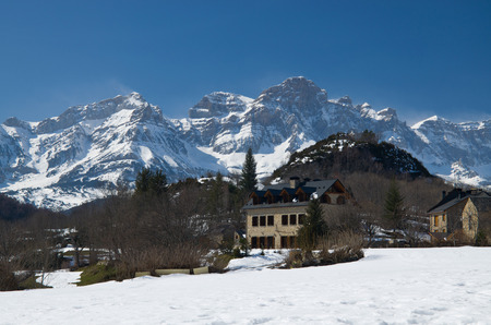 Winter mountains are photographed in the neighborhood of Panticosa  There are some hotels on the snow slope のeditorial素材