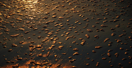 This is sand beach into the sunset  Dark wet surface is covered with shining flakes of sea foam の写真素材