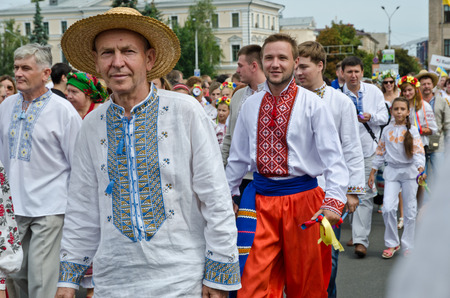 Kiev, Ukraine - August 24 2014: Ukrainian people celebrate the Independence Day at the peaceful embroideriesのeditorial素材