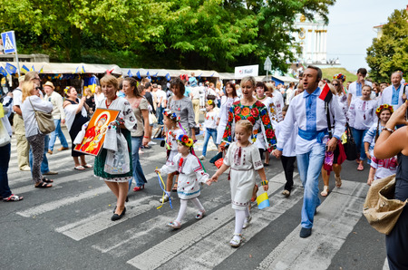 Ukraine - August 24 2014: Ukrainian people celebrate the Independence Day at the peaceful embroideriesのeditorial素材