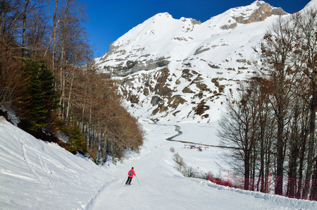 A skier is sliding down on the ski run of compacted snow.の写真素材