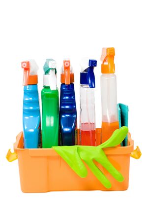 Set for cleaning and rubber gloves in the container on a white background.
の写真素材