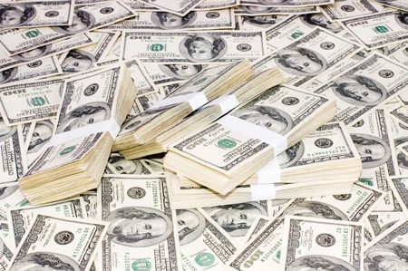 Heap of money in packings, 100-dollar denominationsの写真素材