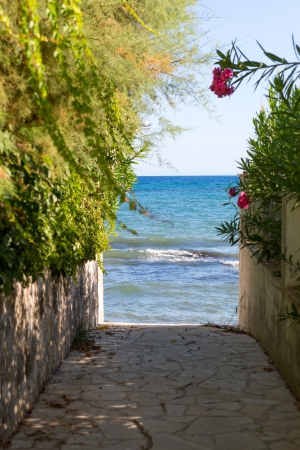 Beautiful narrow street to the sea, Greece, Zakynthosの写真素材