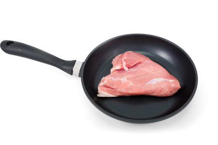 Raw pork in the pan, isolated on white backgroundの写真素材