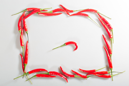 Red chili pepper on a white background in the shape of a rectangleの写真素材