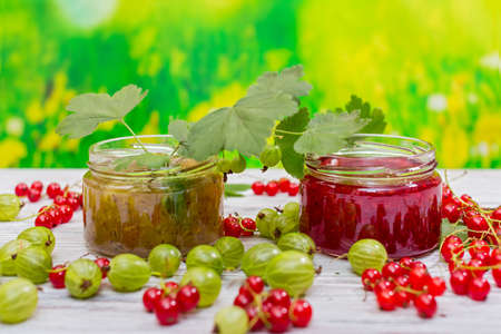 Gooseberry jam and fresh berries, on a light wooden backgroundの写真素材