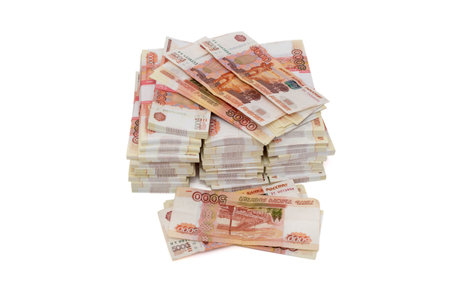 Lot of money in packages in Russian rubles for 5000. Isolated on a white background