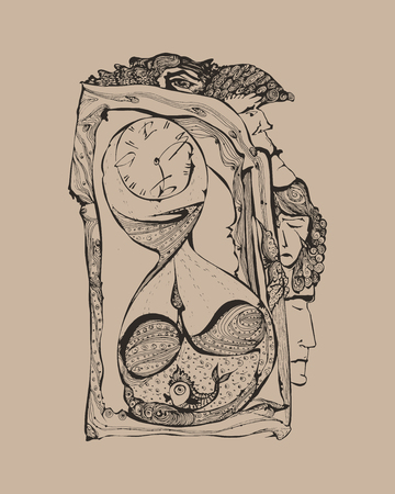 Abstraction with a clock. Hand-drawn graphic vector illustration.のイラスト素材