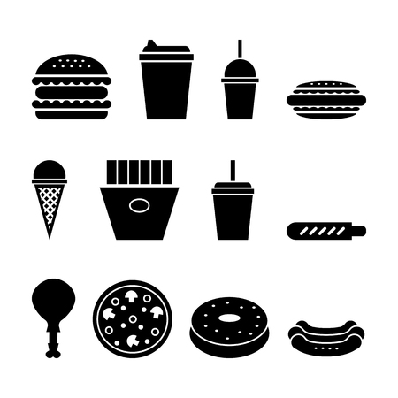 fast food icons set. black and white vector illustrationのイラスト素材