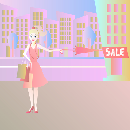 GIRL ON SHOPPING IN THE CITY. VECTOR ILLUSTRATIONのイラスト素材