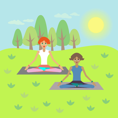 girls practice yoga in nature. vector illustrationのイラスト素材