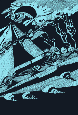 Ship at sea. hand drawn vector abstract illustrationのイラスト素材