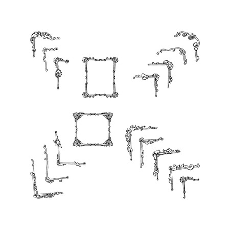 Set of hand-drawn decorative corners for frames. Vector illustration on white background.のイラスト素材