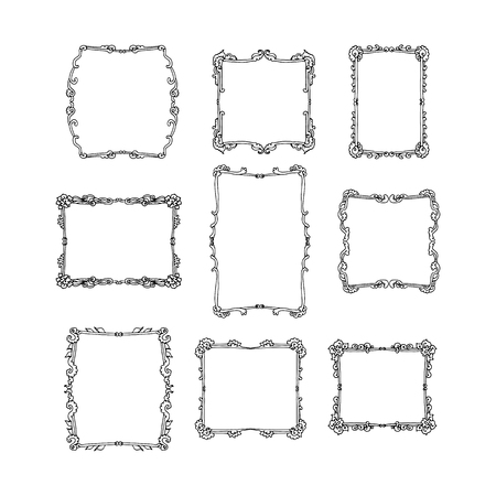 Set of decorative vintage frames. hand drawn vector illustration on white backgroundのイラスト素材