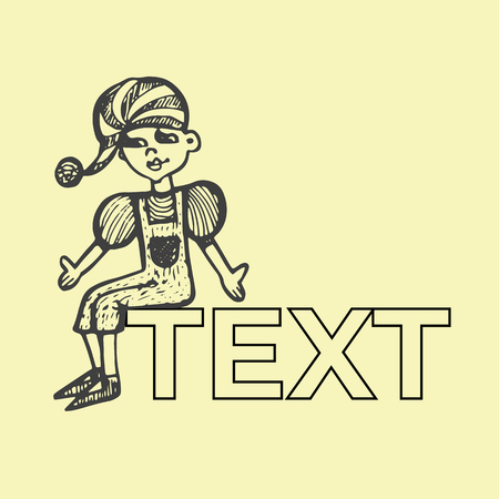 children's toy doll character. Hand-drawn vector illustration with text space.のイラスト素材