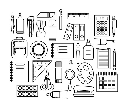 stationery set of icons. vector outline illustration on white background.のイラスト素材